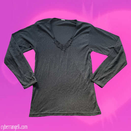 Black pointelle and lace long sleeve shirt