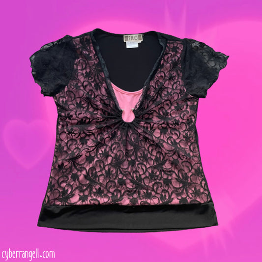 Black and pink floral lace tee