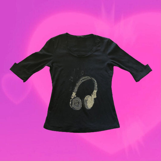 Vivi Club rhinestone headphone graphic mid length sleeve tee