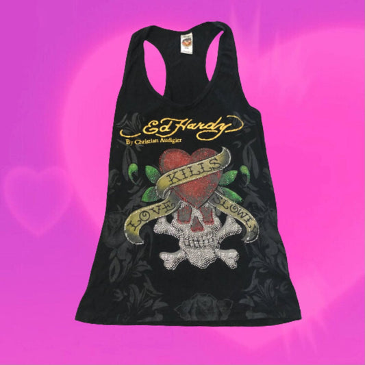 Ed Hardy racerback rhinestone graphic tank top