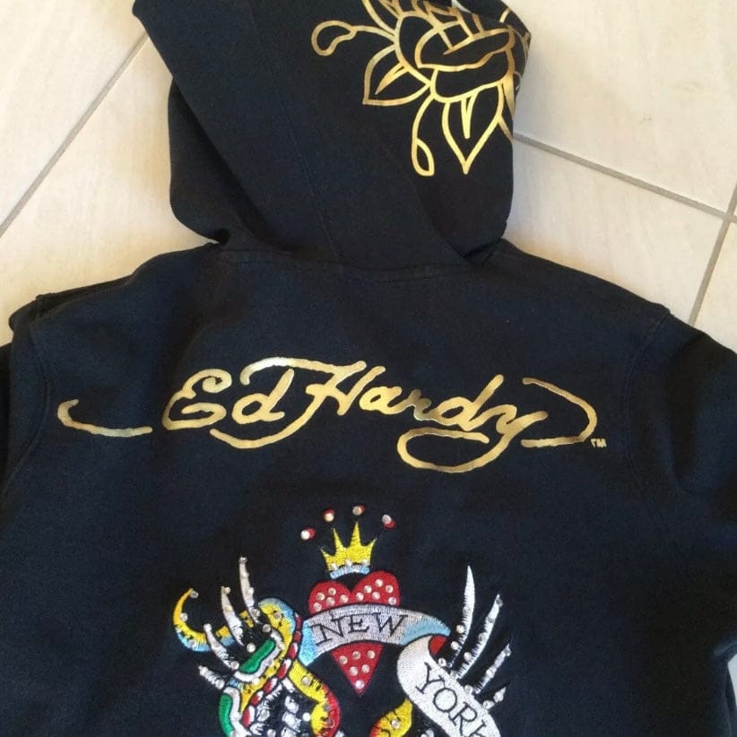 Ed Hardy graphic rhinestone zip up hoodie jumper