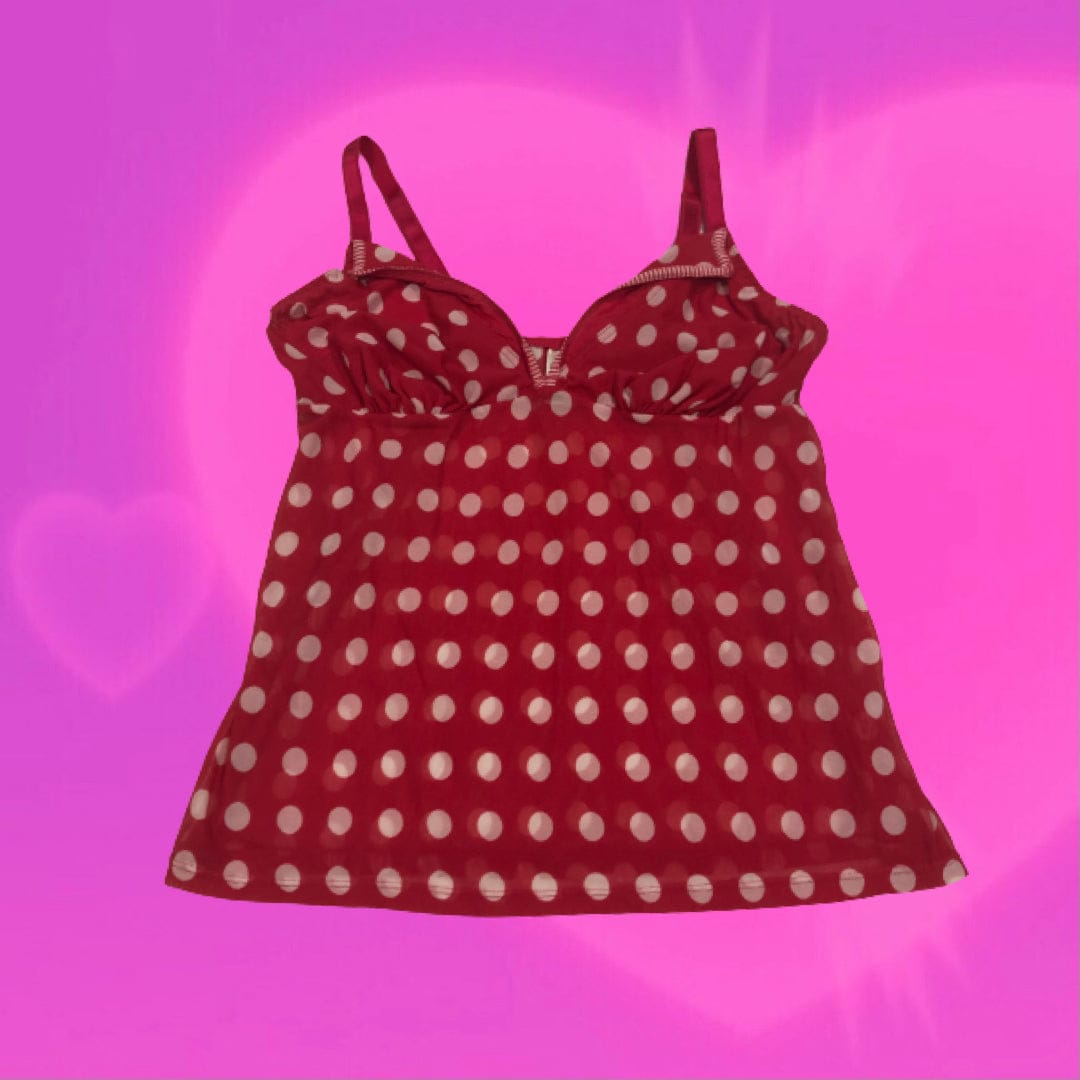 Slim Form red and white polka dot mesh cami